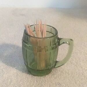 Vintage Green Glass Whiskey Barrel shaped Toothpick Holder
